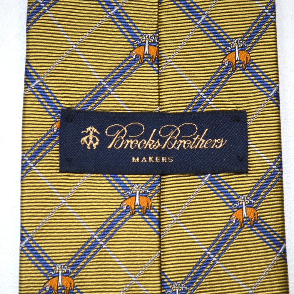 Brooks Brothers Makers Gold Blue Plaid Golden Fleece Silk Tie Made in USA Italy
